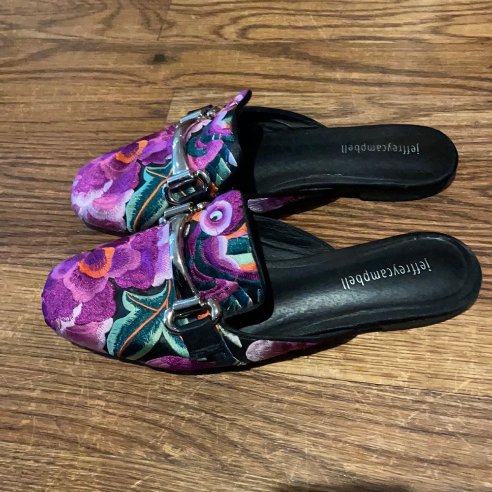 Embroidered floral slip on Jeffrey Campbell’s